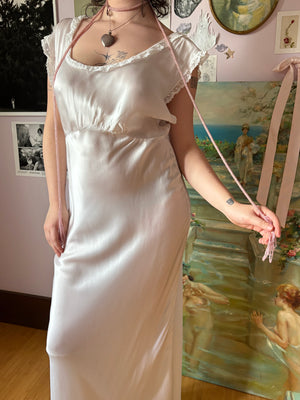 1940s White Bias Cut Slip Rayon Satin Lace Trim Dress