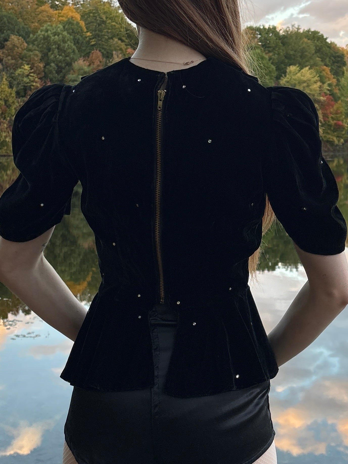 1940s Black Silk Velvet Glass Rhinestone Blouse Brass Zipper Puff Sleeve Top