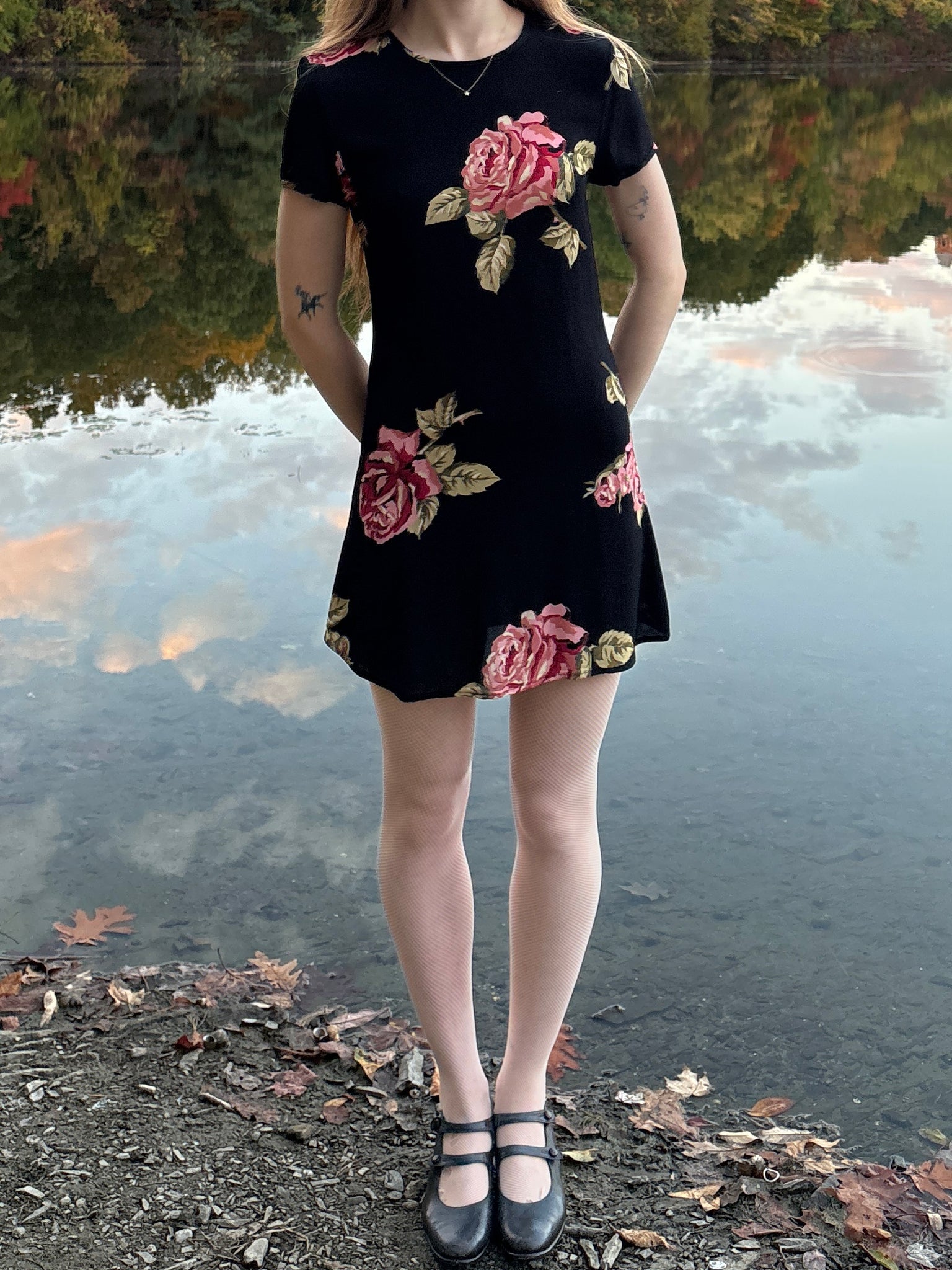 1990s Black Red Rose Floral Print Mini Dress