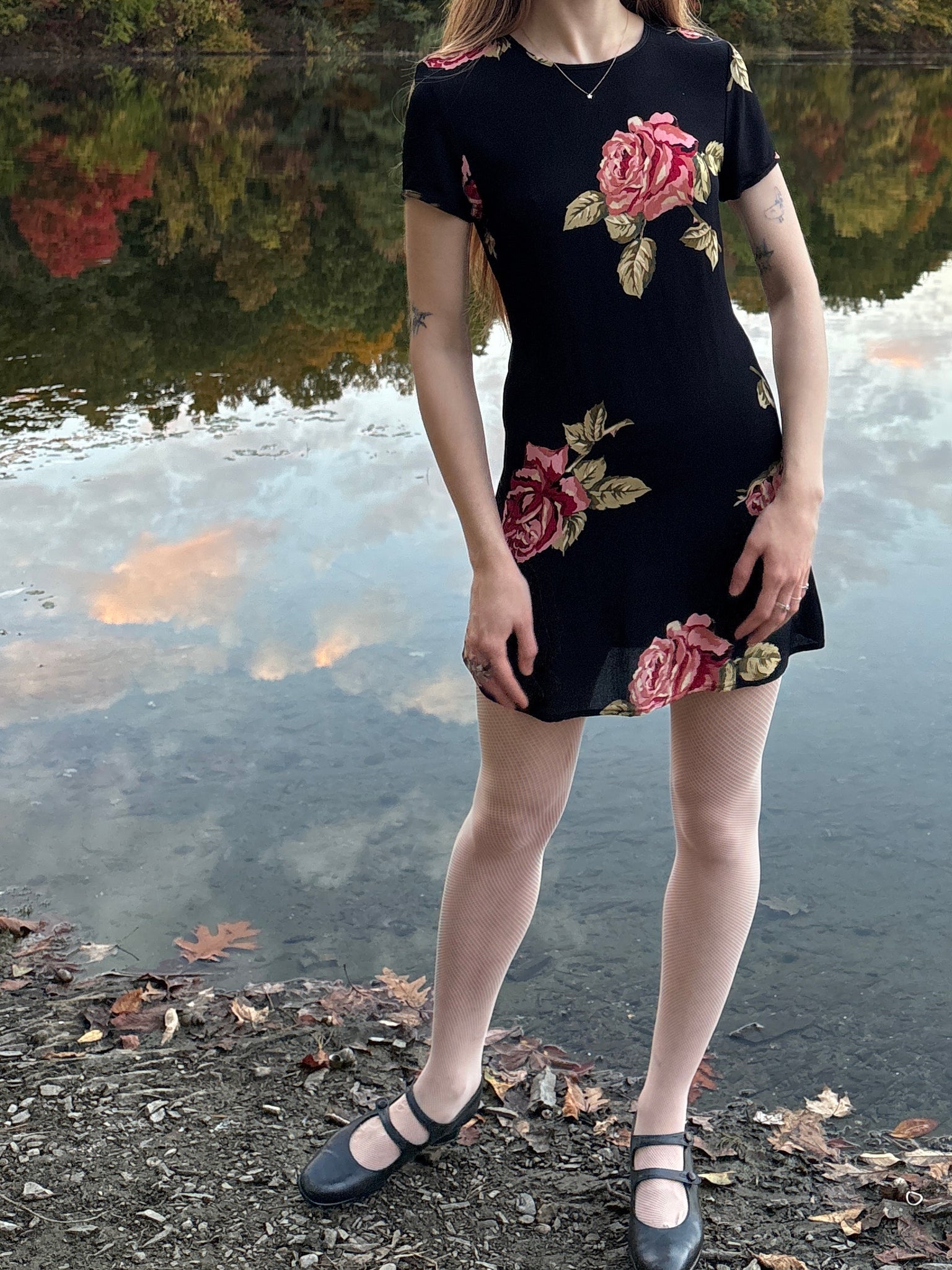 1990s Black Red Rose Floral Print Mini Dress