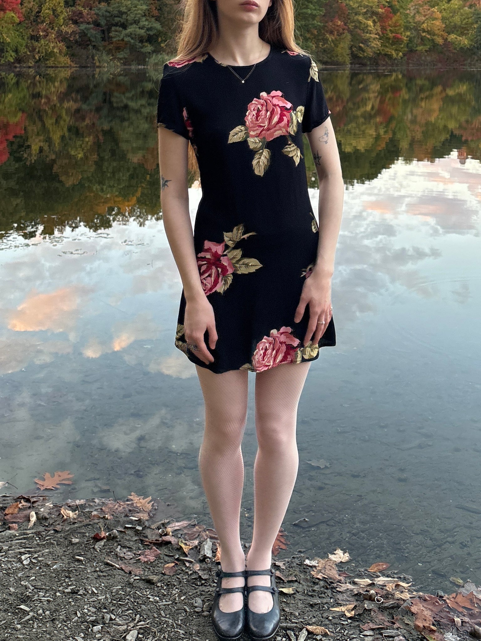 1990s Black Red Rose Floral Print Mini Dress