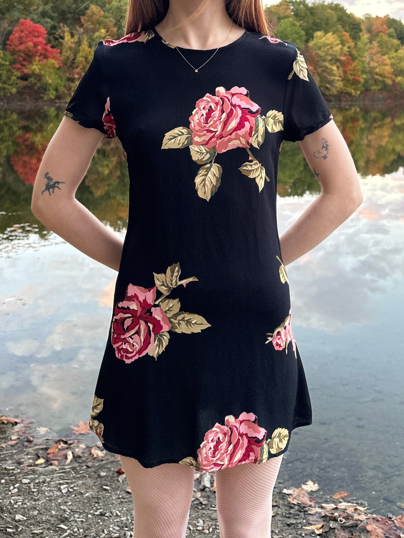 1990s Black Red Rose Floral Print Mini Dress