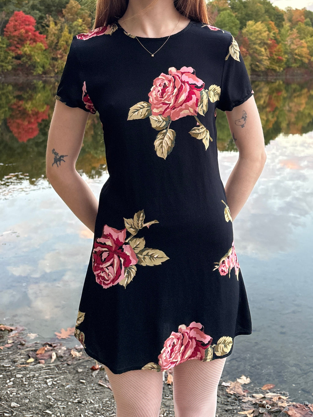 1990s Black Red Rose Floral Print Mini Dress