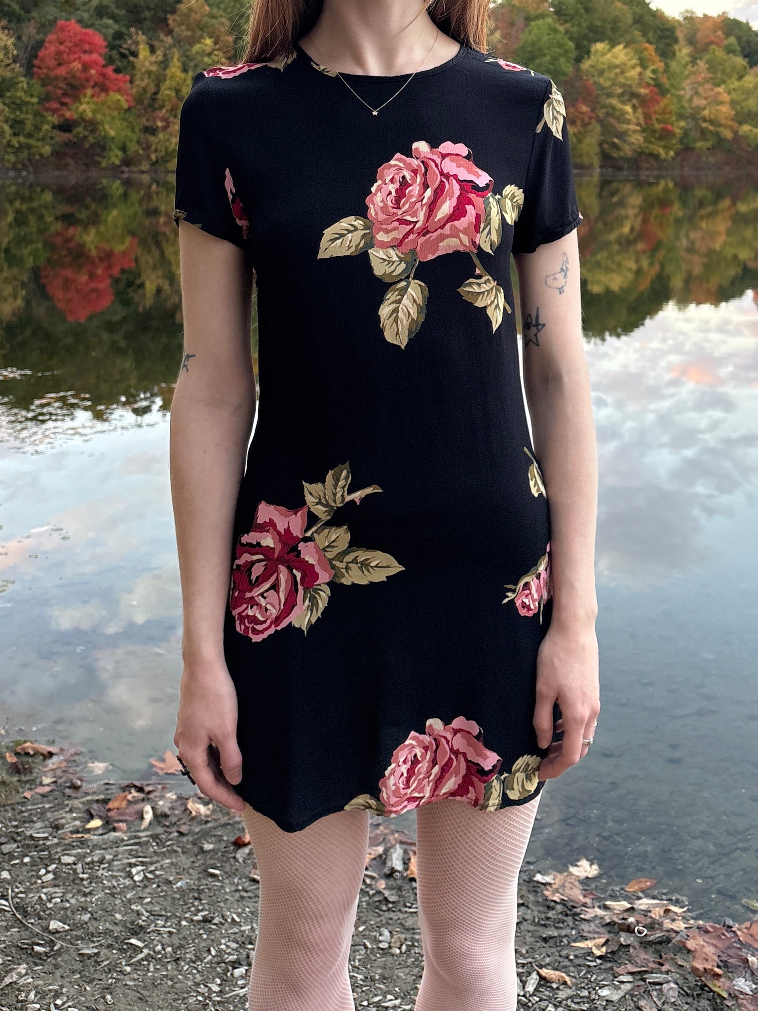 1990s Black Red Rose Floral Print Mini Dress