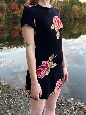 1990s Black Red Rose Floral Print Mini Dress