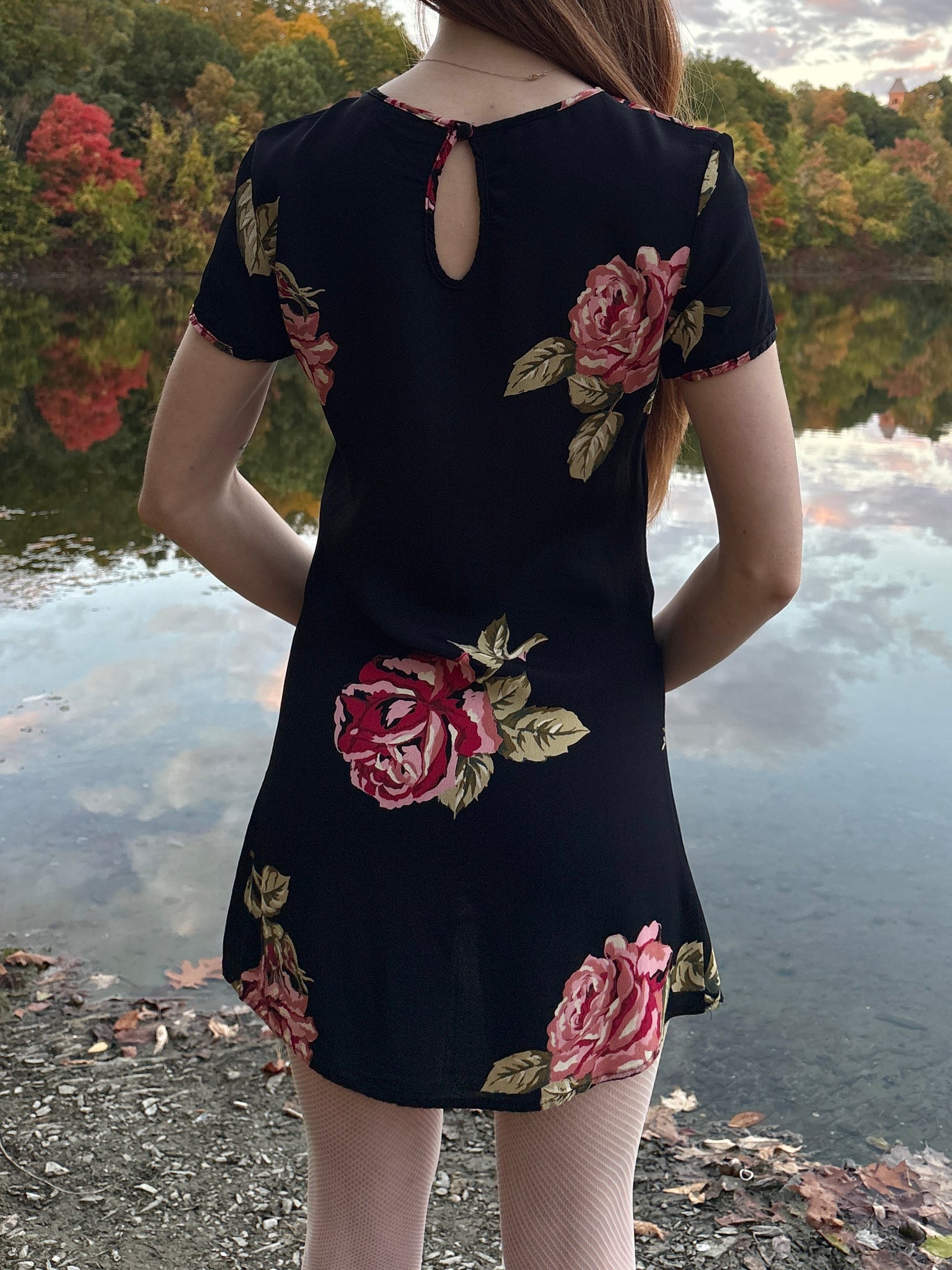 1990s Black Red Rose Floral Print Mini Dress