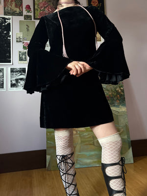 1970s Black Velvet Bat Wing Sleeve Mini Dress