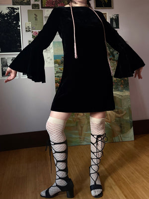 1970s Black Velvet Bat Wing Sleeve Mini Dress