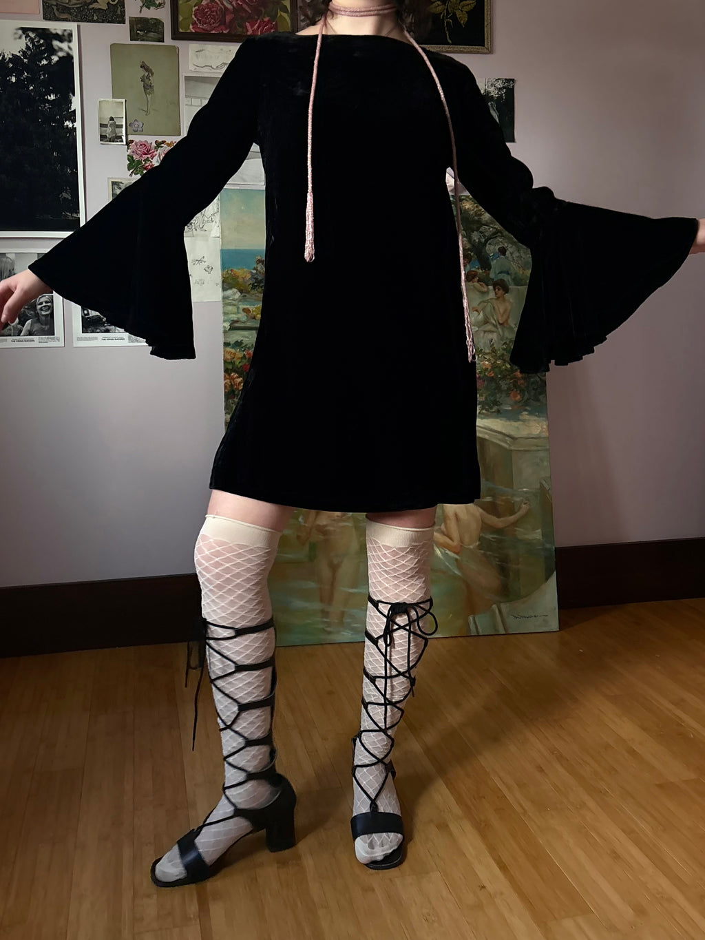 1970s Black Velvet Bat Wing Sleeve Mini Dress