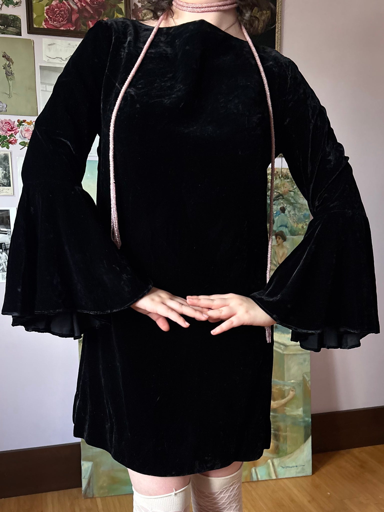 1970s Black Velvet Bat Wing Sleeve Mini Dress