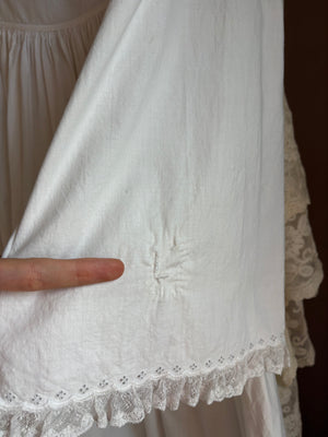 1900s White Cotton Bell Sleeve Monogrammed A Floral Embroidered Dress Pink Ribbon