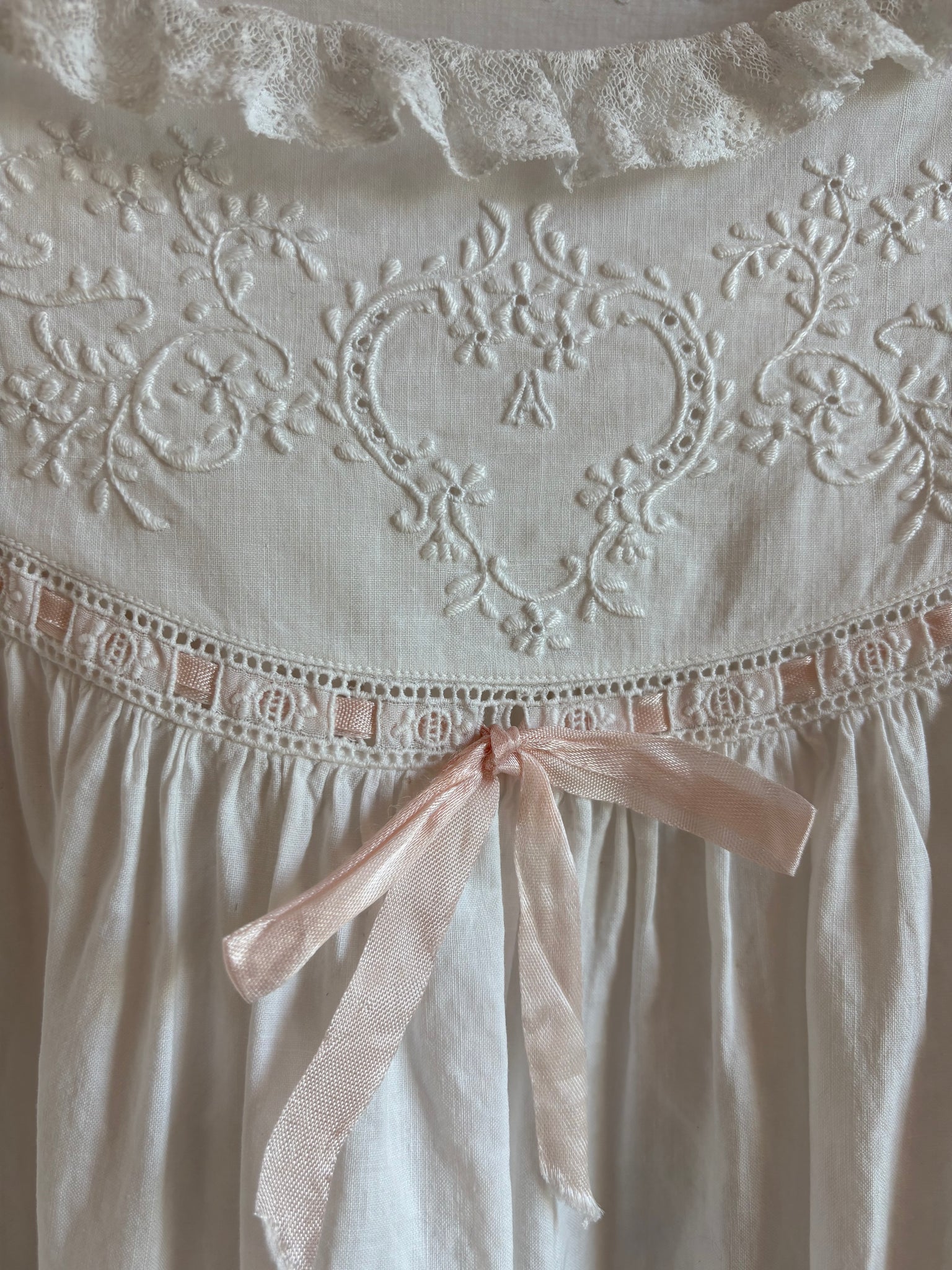 1900s White Cotton Bell Sleeve Monogrammed A Floral Embroidered Dress Pink Ribbon