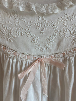 1900s White Cotton Bell Sleeve Monogrammed A Floral Embroidered Dress Pink Ribbon