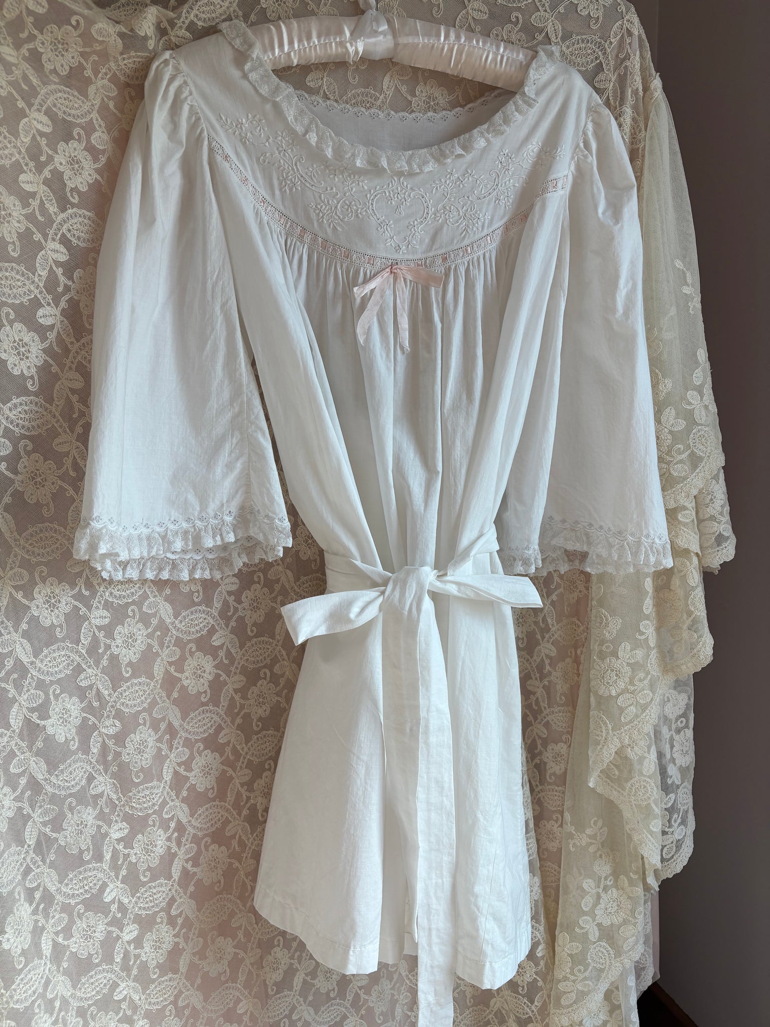 1900s White Cotton Bell Sleeve Monogrammed A Floral Embroidered Dress Pink Ribbon