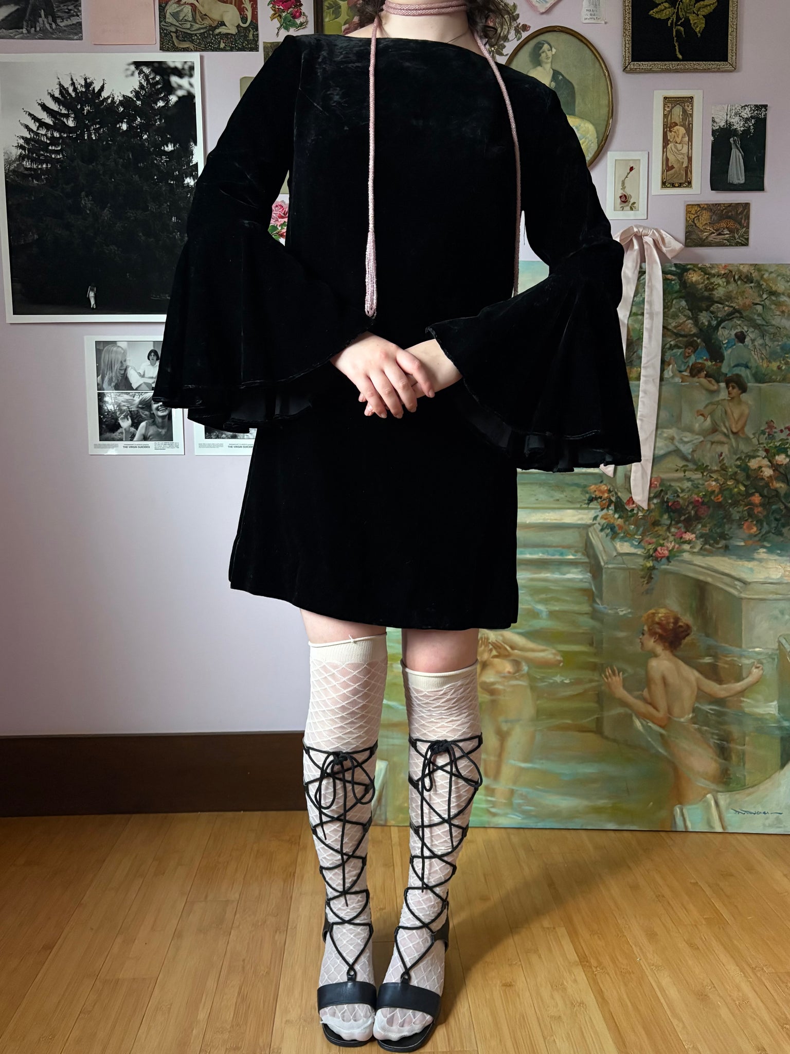 1970s Black Velvet Bat Wing Sleeve Mini Dress