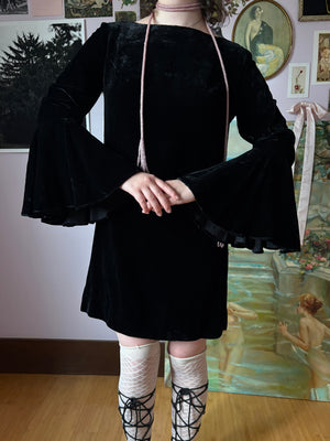 1970s Black Velvet Bat Wing Sleeve Mini Dress