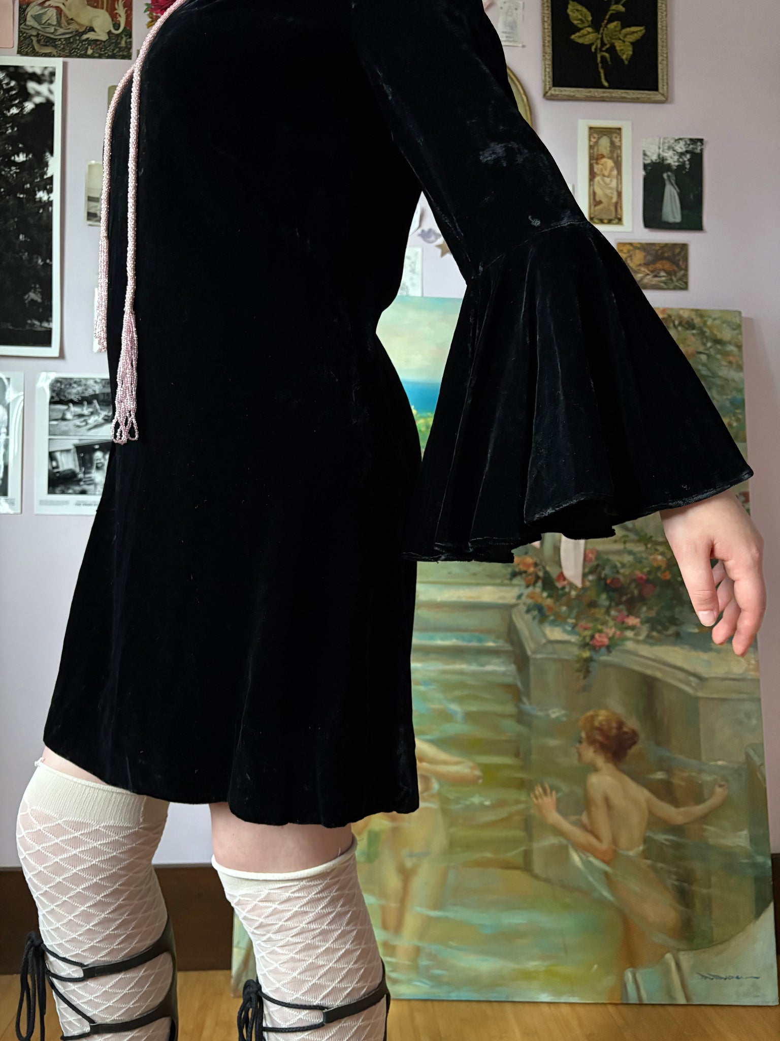 1970s Black Velvet Bat Wing Sleeve Mini Dress