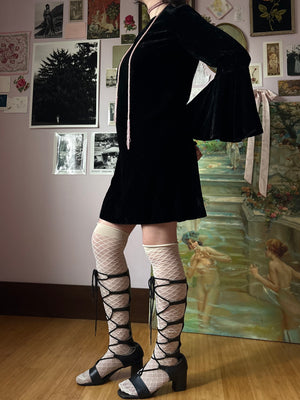 1970s Black Velvet Bat Wing Sleeve Mini Dress