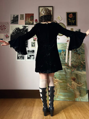 1970s Black Velvet Bat Wing Sleeve Mini Dress