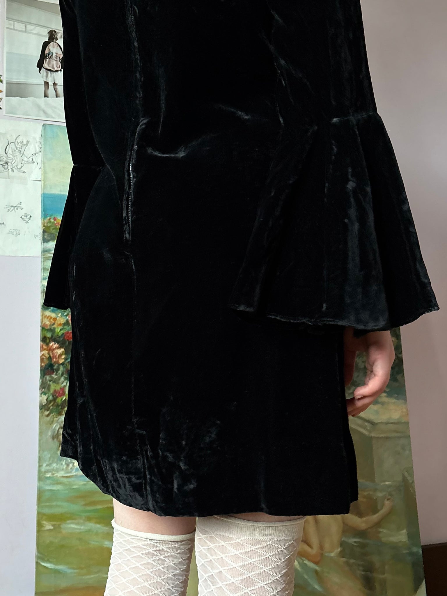 1970s Black Velvet Bat Wing Sleeve Mini Dress