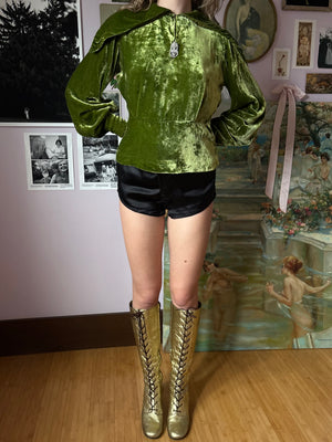 1930s Green Silk Velvet Long Sleeve Blouse Top Rhinestone