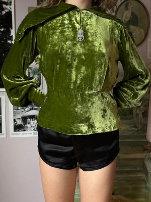 1930s Green Silk Velvet Long Sleeve Blouse Top Rhinestone