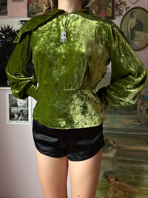 1930s Green Silk Velvet Long Sleeve Blouse Top Rhinestone