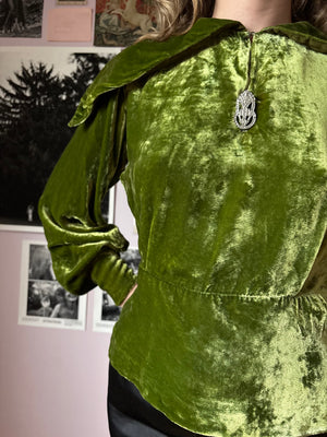 1930s Green Silk Velvet Long Sleeve Blouse Top Rhinestone