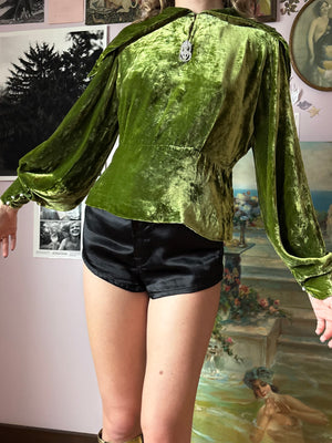 1930s Green Silk Velvet Long Sleeve Blouse Top Rhinestone