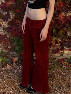 1970s Dark Red Corduroy Pants Wide Leg Bell Bottom