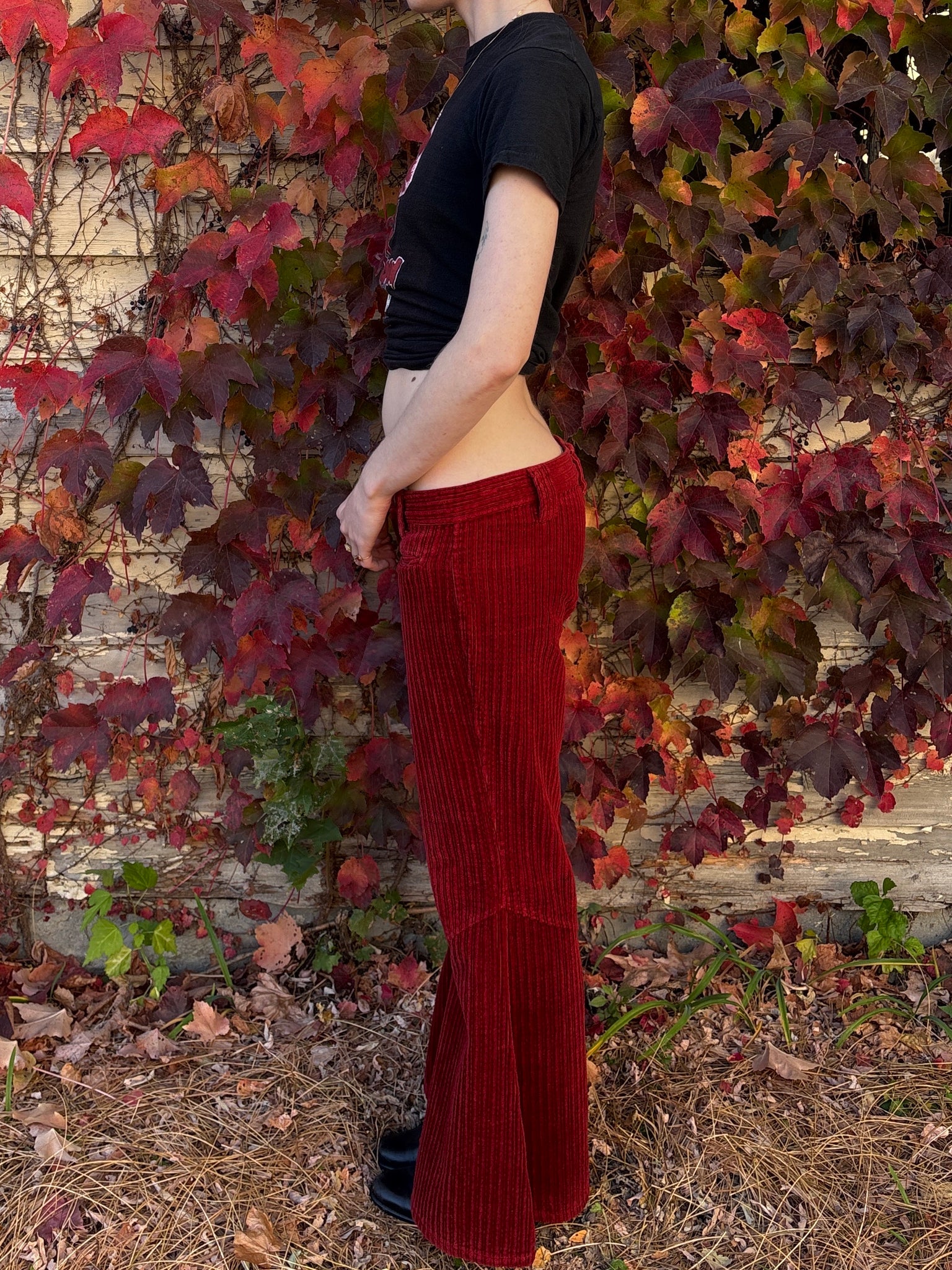 1970s Dark Red Corduroy Pants Wide Leg Bell Bottom