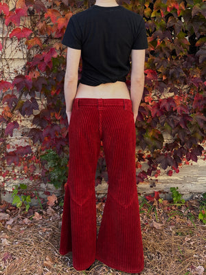 1970s Dark Red Corduroy Pants Wide Leg Bell Bottom