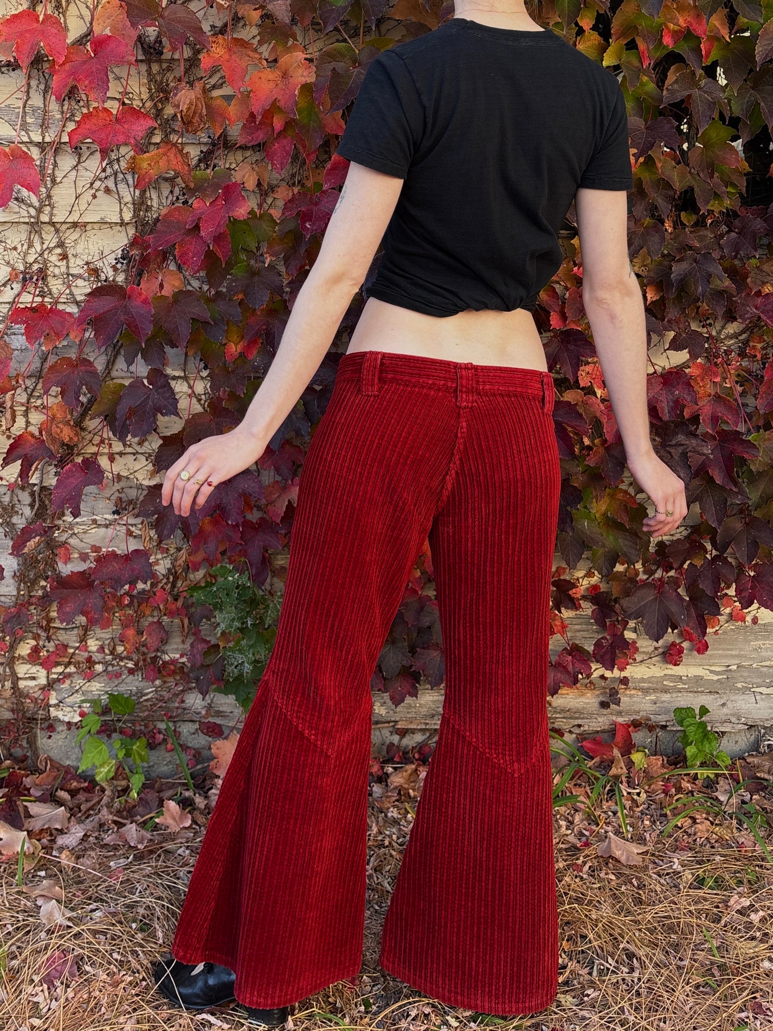 1970s Dark Red Corduroy Pants Wide Leg Bell Bottom