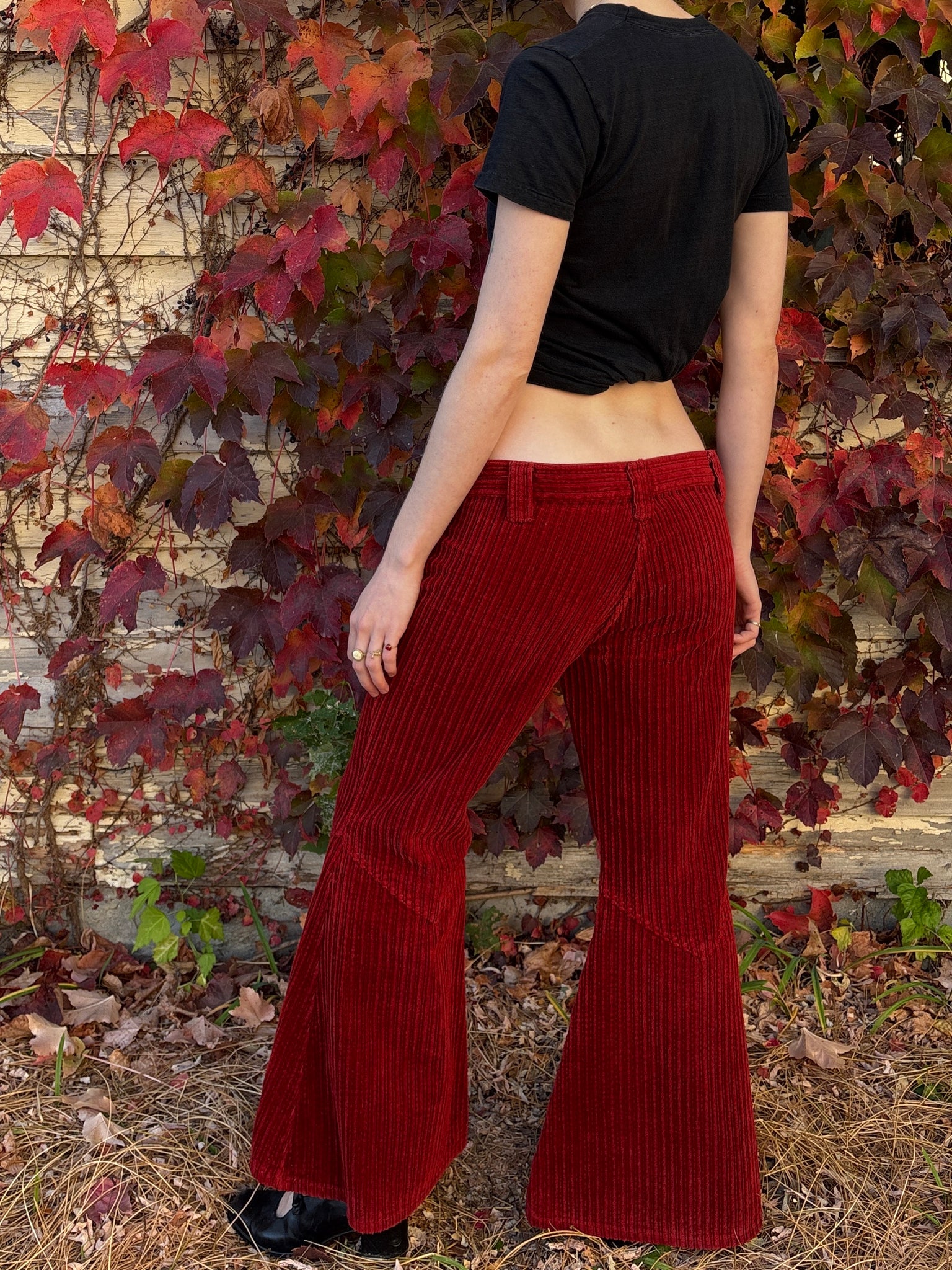 1970s Dark Red Corduroy Pants Wide Leg Bell Bottom