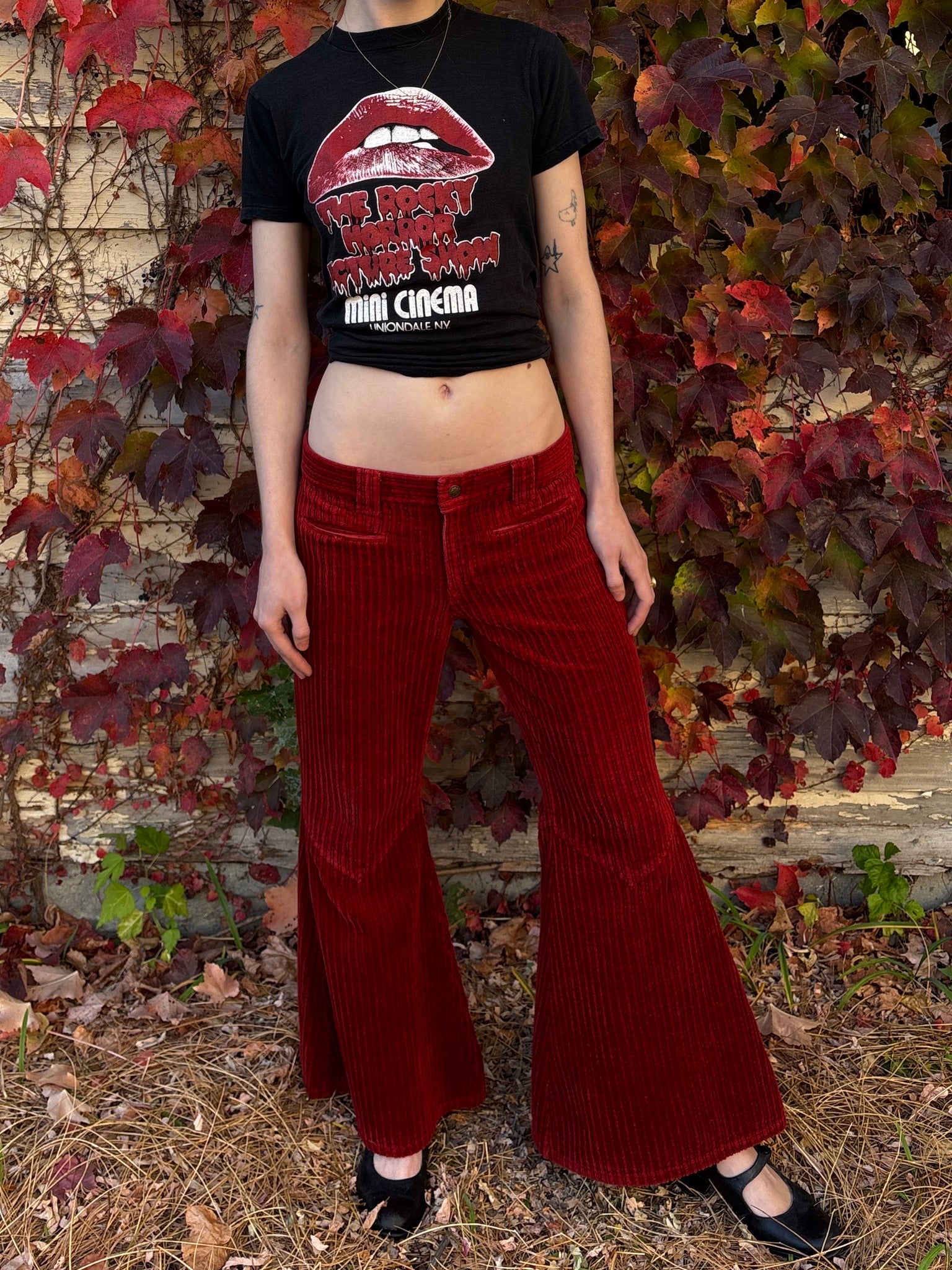 1970s Dark Red Corduroy Pants Wide Leg Bell Bottom