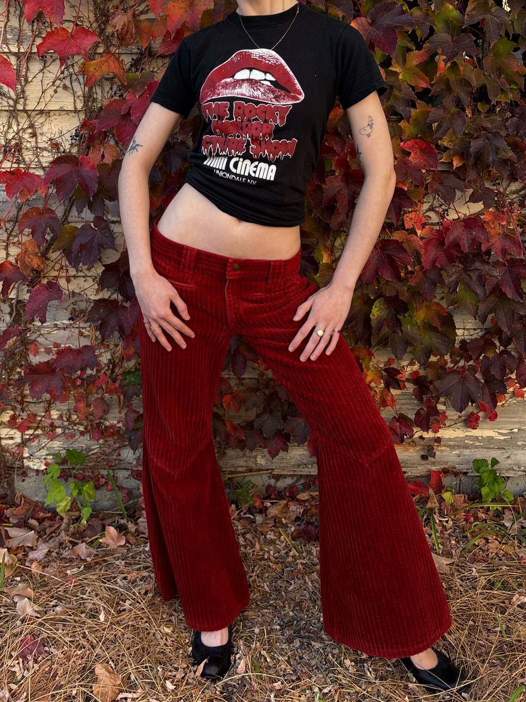 1970s Dark Red Corduroy Pants Wide Leg Bell Bottom