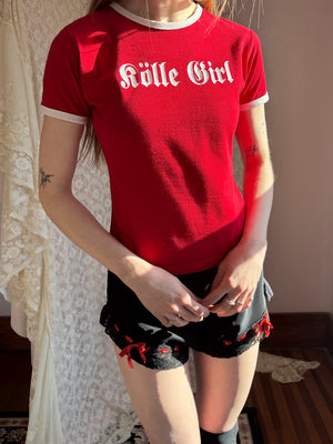 1990s Kölle Girl Flocked Print White Red Ringer Tee T Shirt