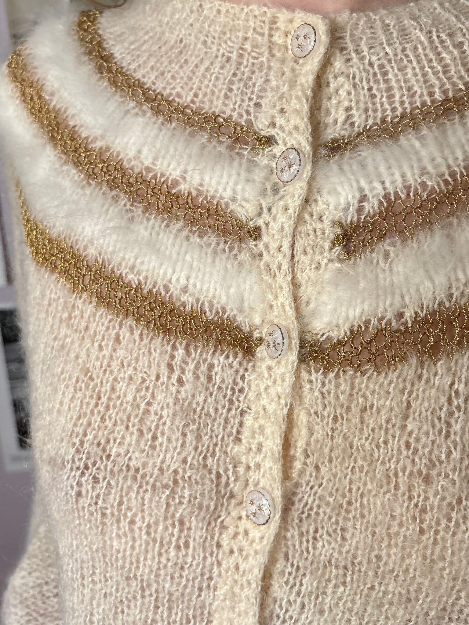 1960s White Fuzzy Angora Gold Lurex Stripe Cream Wool Cardigan Sweater