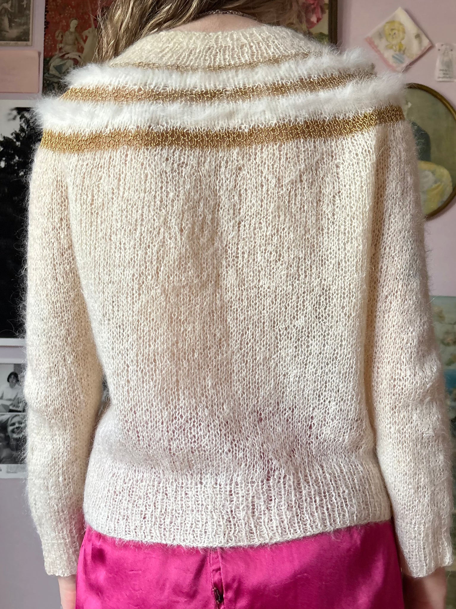 1960s White Fuzzy Angora Gold Lurex Stripe Cream Wool Cardigan Sweater