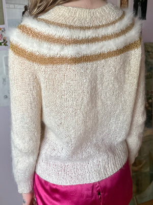 1960s White Fuzzy Angora Gold Lurex Stripe Cream Wool Cardigan Sweater