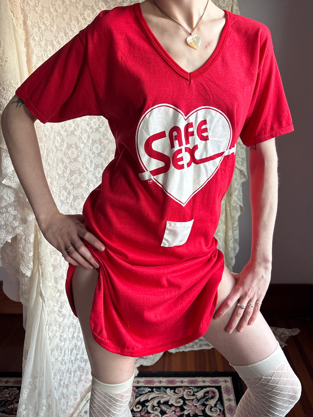 1980s Safe Sex Condom Pocket Heart Print Red White Tee Sleep T Shirt