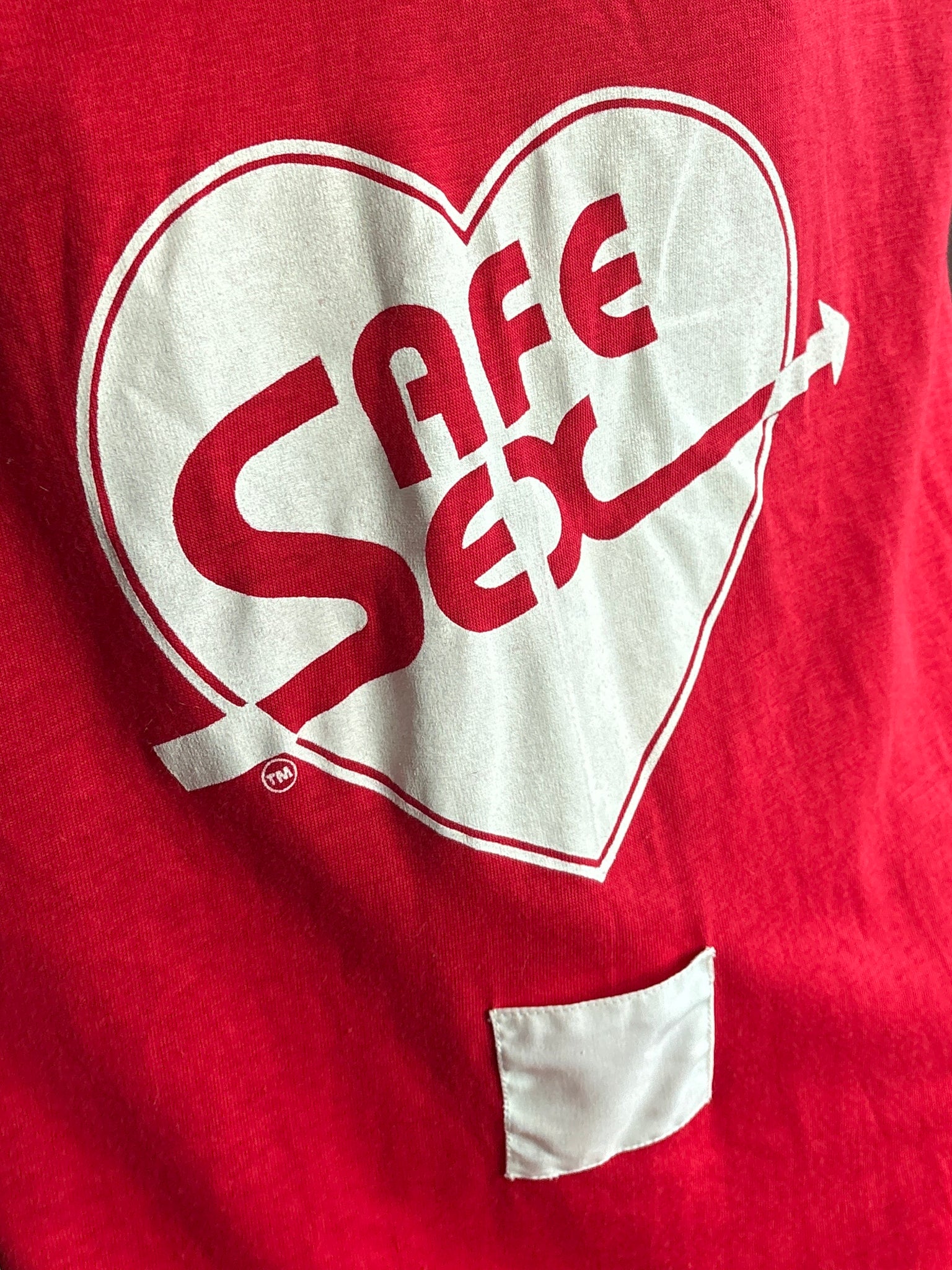 1980s Safe Sex Condom Pocket Heart Print Red White Tee Sleep T Shirt