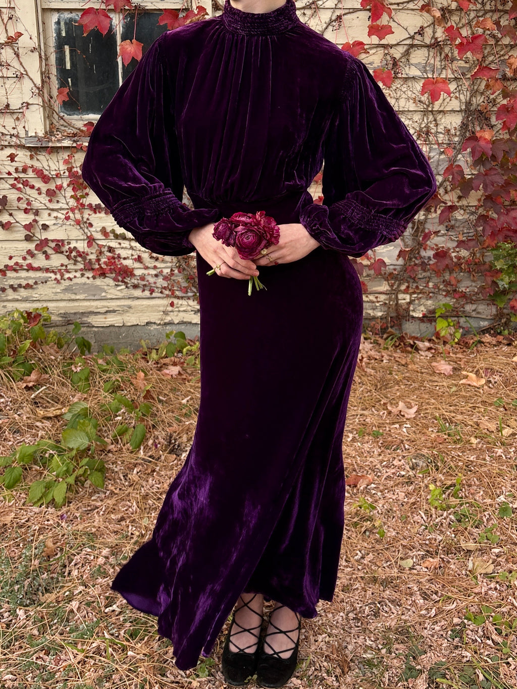 1930s Purple Silk Velvet Gown Long Balloon Sleeves Dress