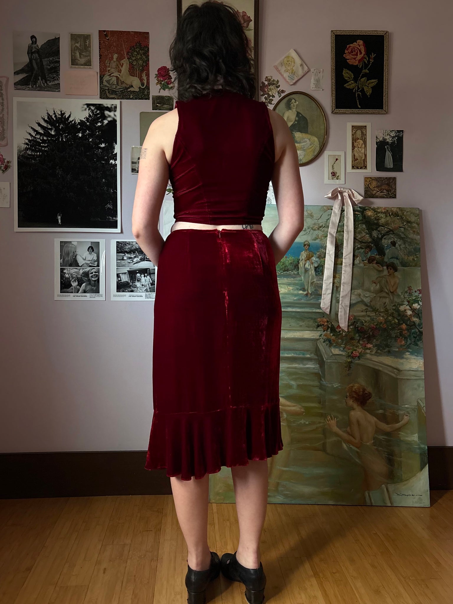 1990s Red Silk Velvet Ruffle Skirt