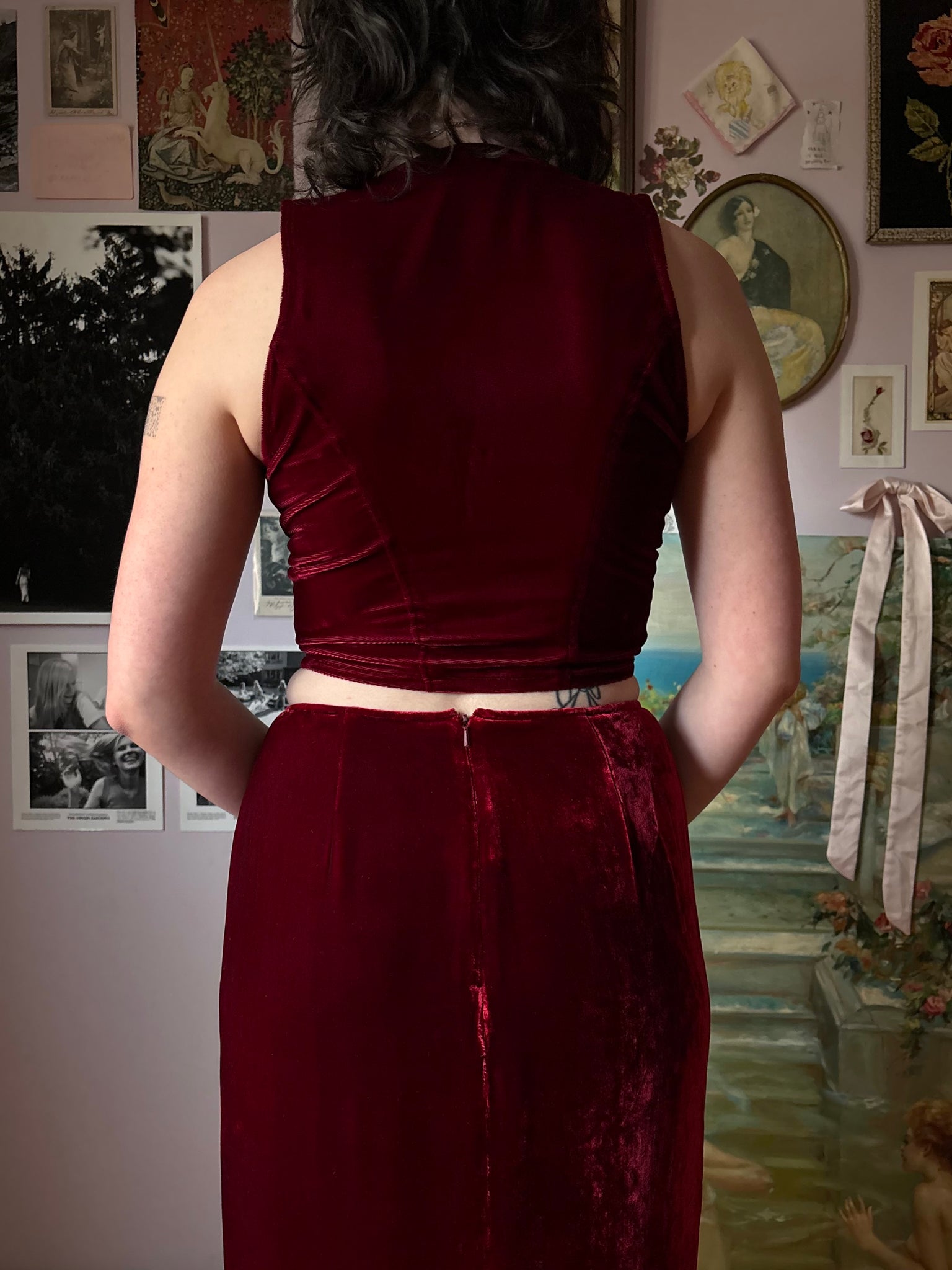 1990s Red Silk Velvet Ruffle Skirt