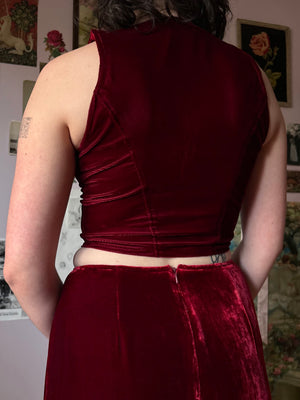 1990s Red Silk Velvet Ruffle Skirt