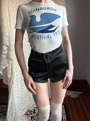 1970s Music Festival Print Edinburgh White Bird Blue Tee French Cut T Shirt