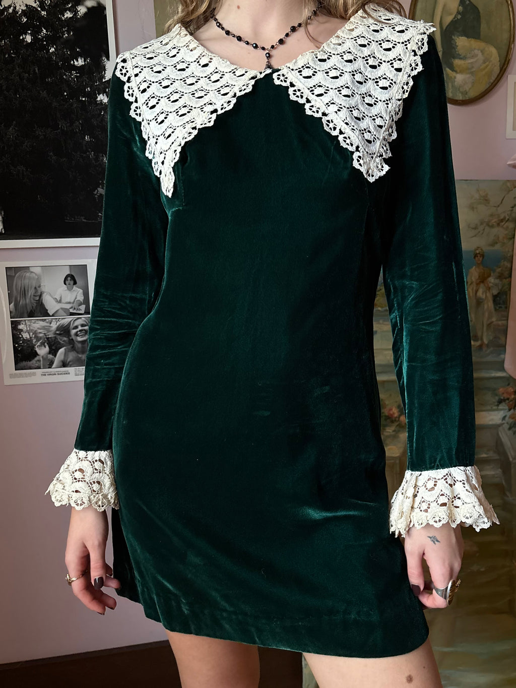 1970s Green Velvet Collared Long Sleeve Lace Mini Dress