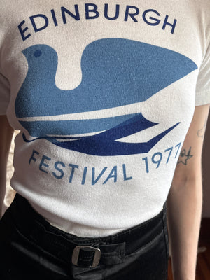 1970s Music Festival Print Edinburgh White Bird Blue Tee French Cut T Shirt