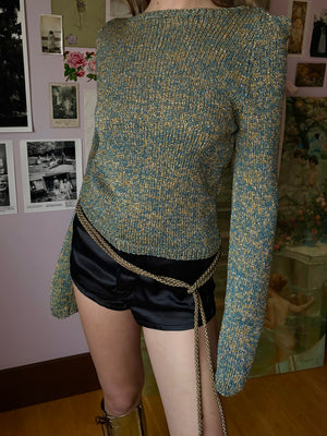 1970s Blue Teal Gold Glitter Lurex Knit Sweater